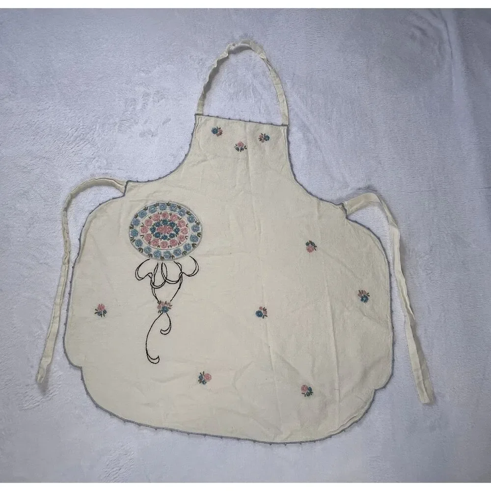 Handmade Full Front Cream Flower Embroidered Apron, Pocket, Detailed, Unique
